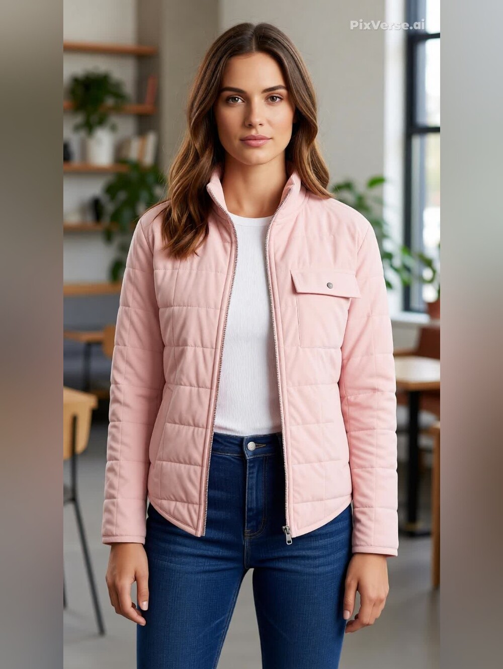 Cactus And Pearl Light Pink Quilted Zip-Front Women's Jacket
